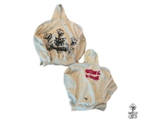 a white hoodie with a drawing on it