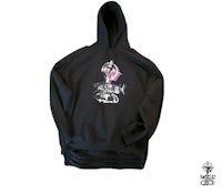 a black hoodie with a pink design on it